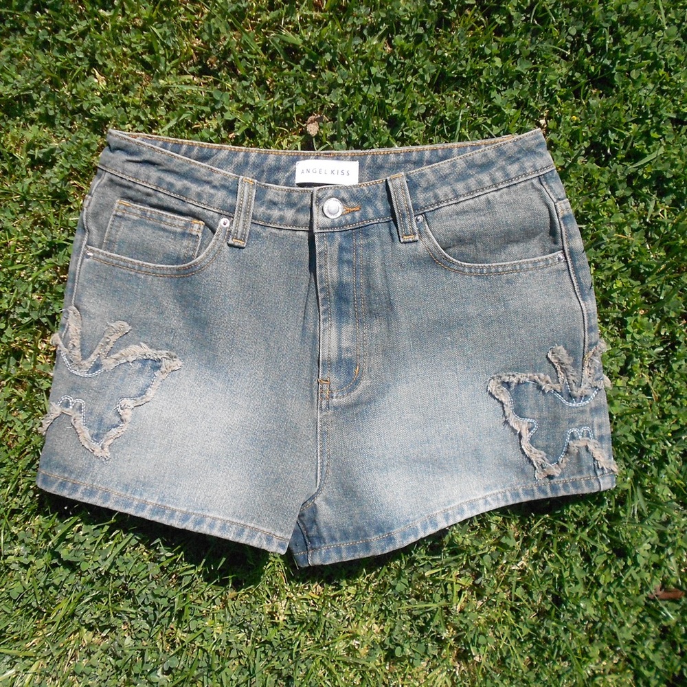 ✨Y2K Angel Kiss Denim Jean Shorts with Distressed Butterfly Detailing